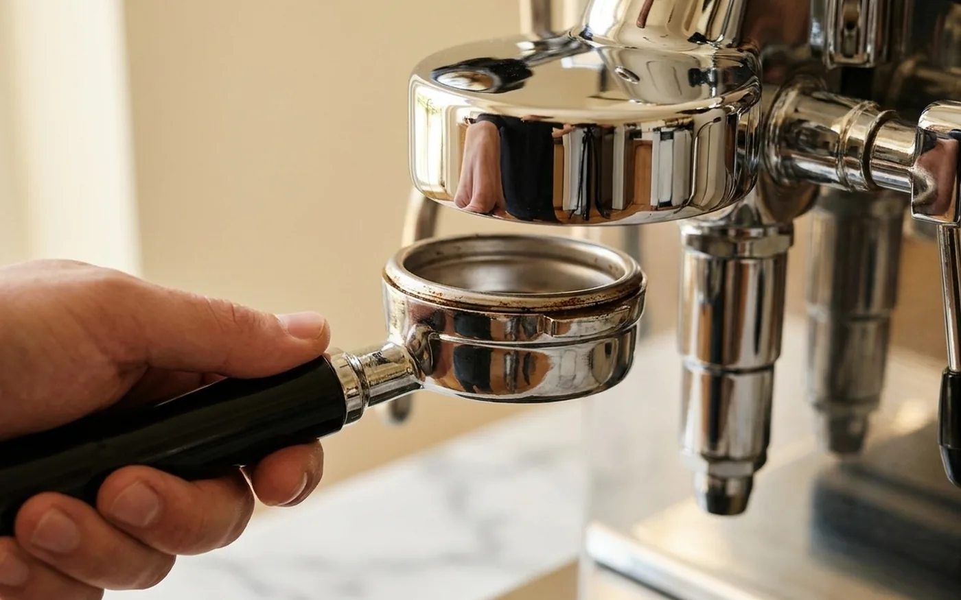 58mm portafilter of the Gaggia Classic Pro held next to the group head