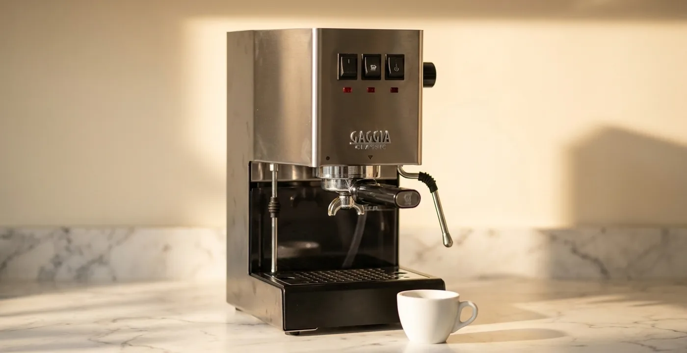 Gaggia Classic Pro espresso machine on a kitchen counter with portafilter
