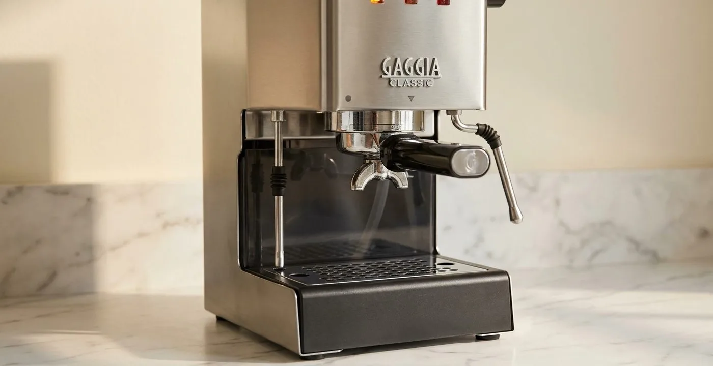 Gaggia Classic espresso machine on marble counter ready for temperature surfing