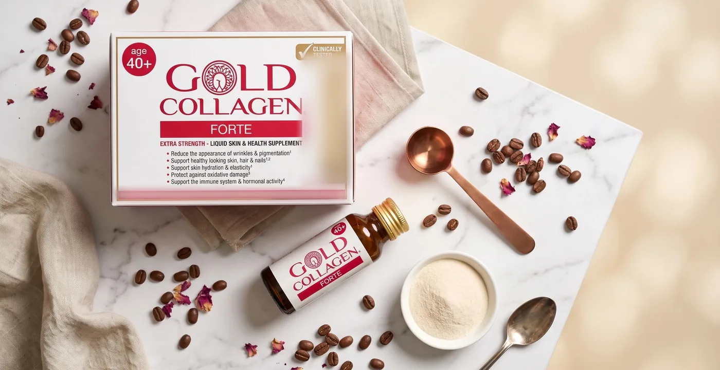 Gold Collagen Pure 50ml daily shots displayed on a white surface
