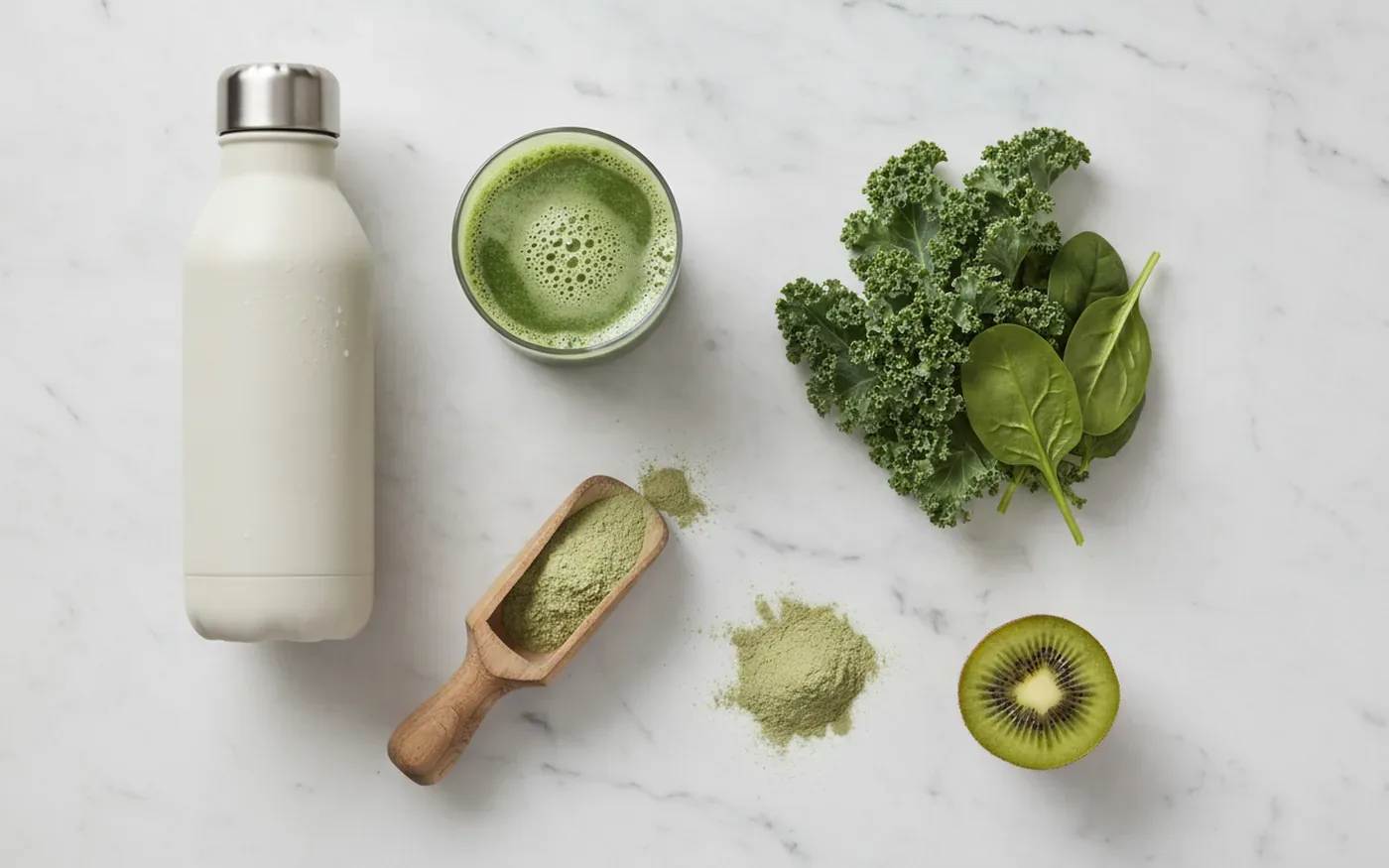 Greens powder alongside wellness items in lifestyle flat lay showing consumer trends