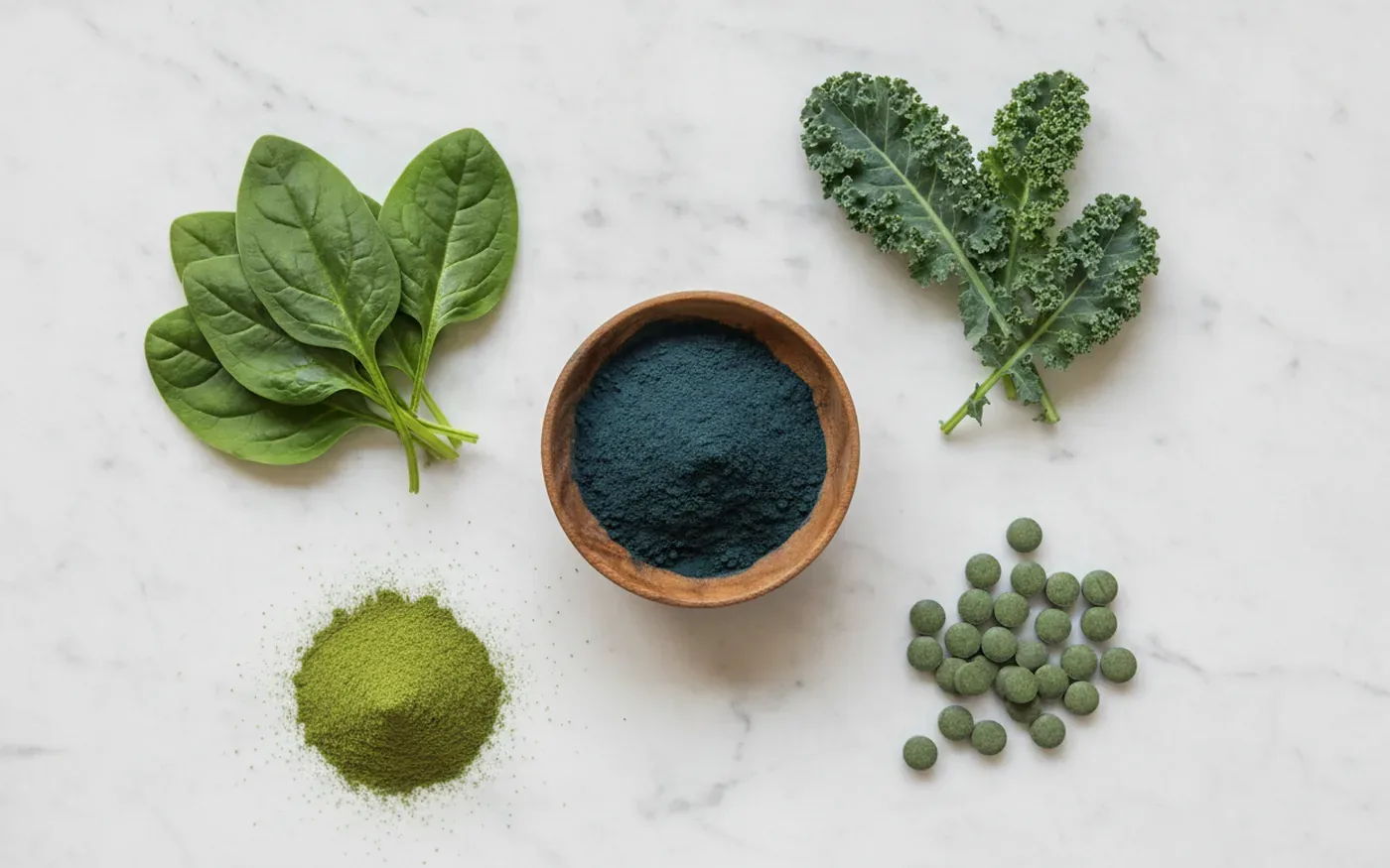 Flatlay of raw greens ingredients including spirulina powder and wheatgrass on white marble