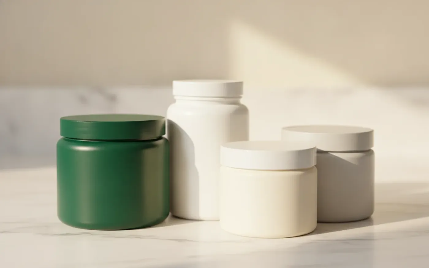 Greens powder products on a countertop representing the UK greens powder market growth