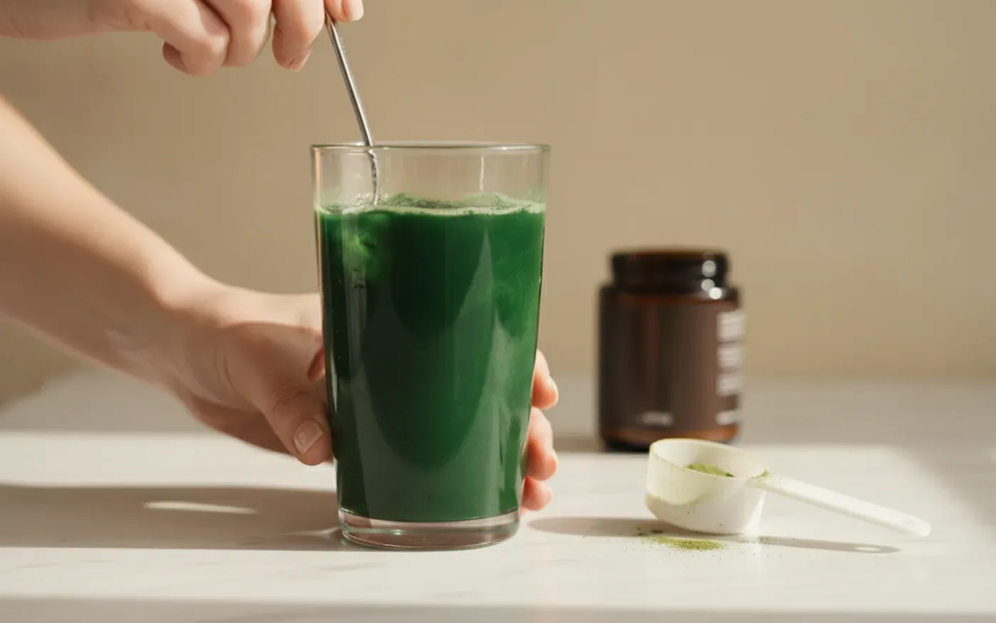 Person mixing greens powder drink in a glass showing consumption statistics