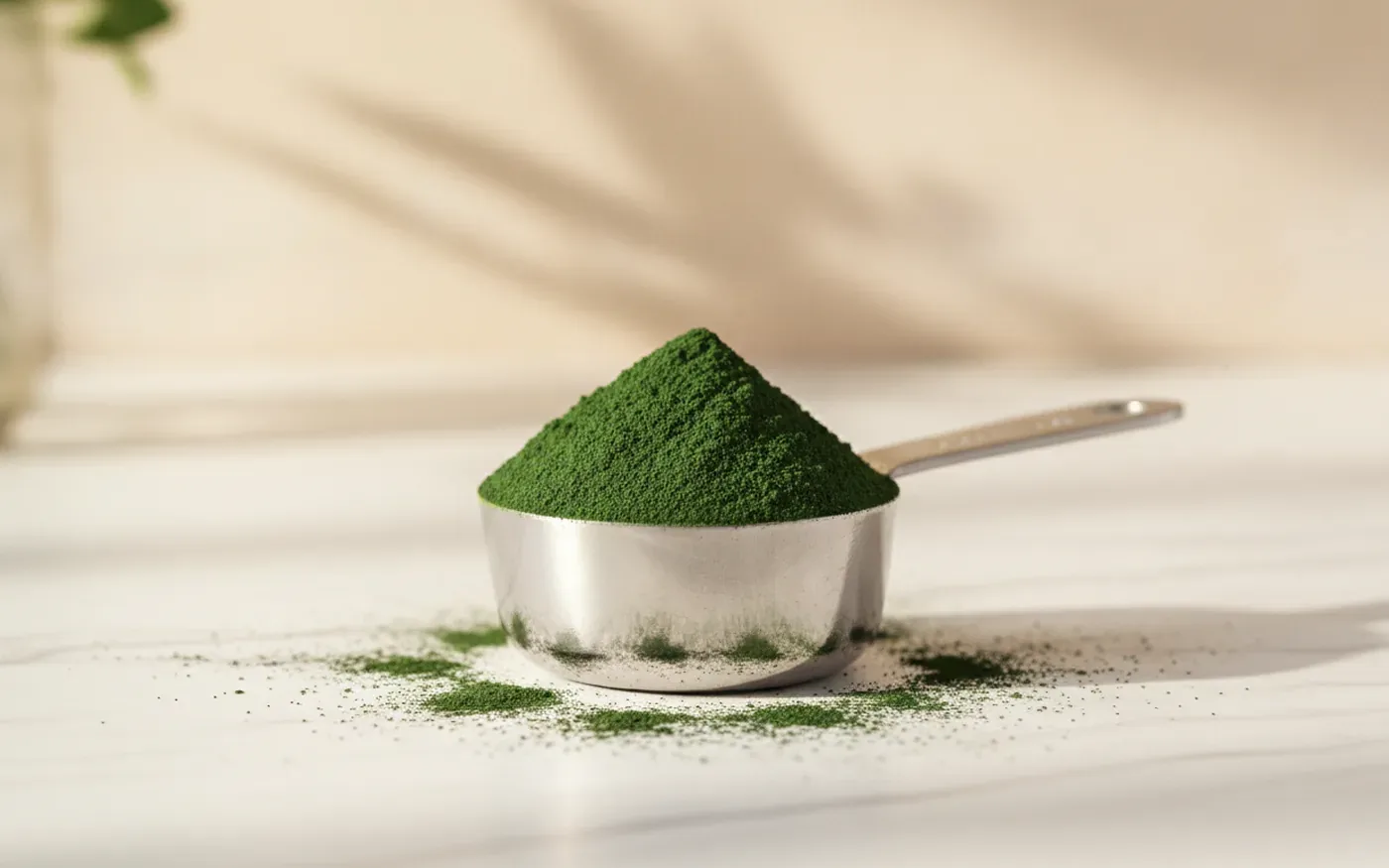 Green powder with measuring scoop on white marble countertop showing health benefits