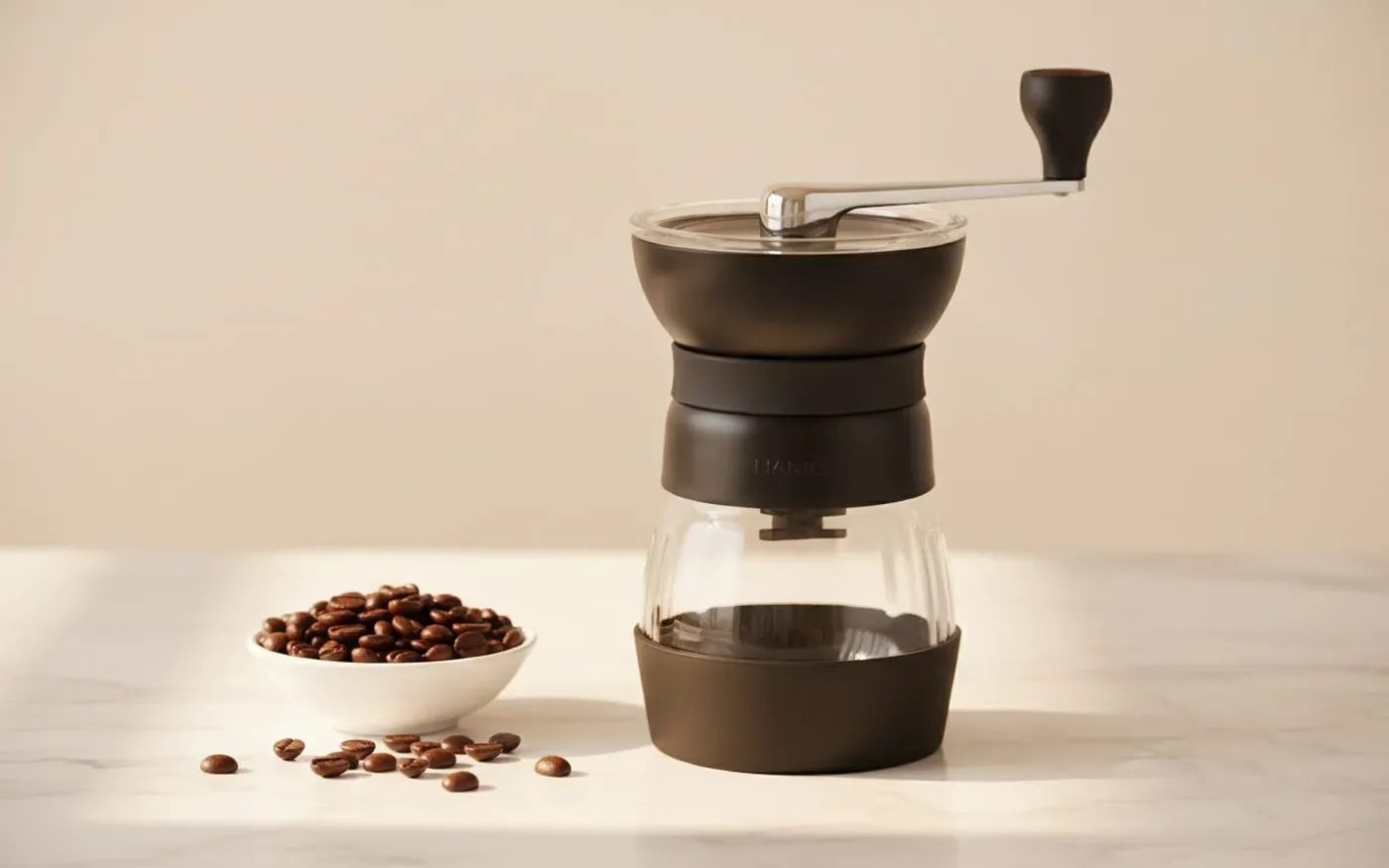 Hario Skerton Pro hand coffee grinder with glass body and stabiliser bar