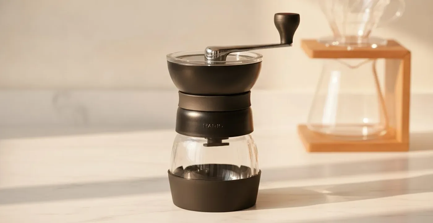 Hario Skerton Pro hand coffee grinder with glass body and stabiliser bar on wooden surface