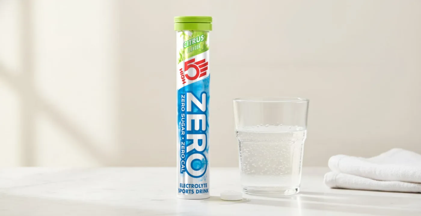High5 Zero electrolyte tablets in a tube beside a water bottle