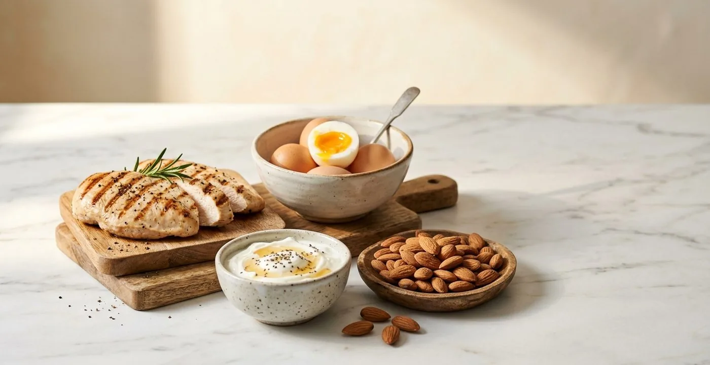 High-protein foods for muscle: grilled chicken breast, boiled eggs, Greek yoghurt and almonds on a marble counter