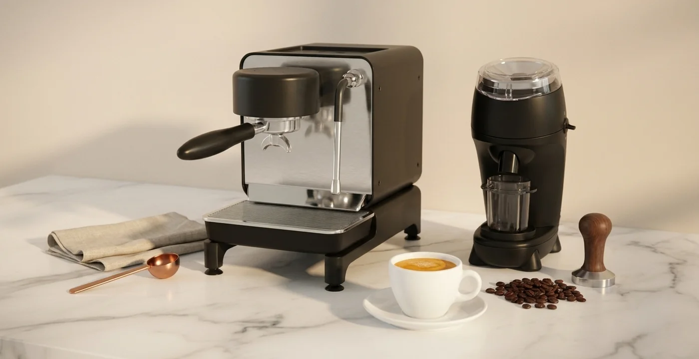 Espresso being pulled from a home espresso machine into a glass, showing a narrow amber stream