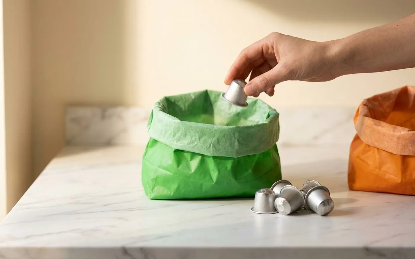 Used aluminium coffee pods being placed into a green Podback recycling bag on a white marble countertop