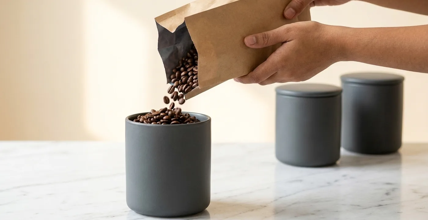 Hands pouring fresh coffee beans from a paper bag into an airtight grey ceramic storage canister