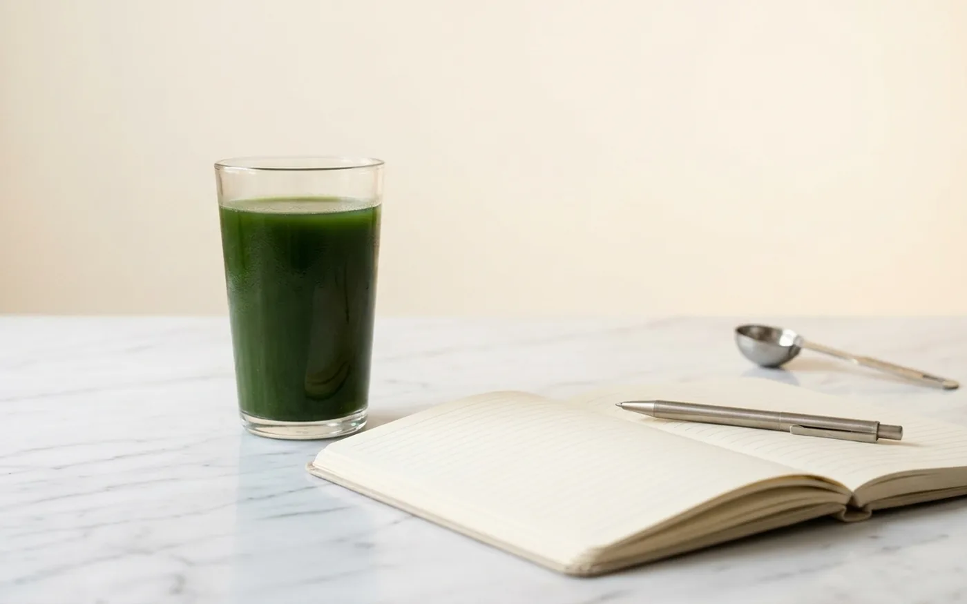Green supplement drink in clear glass beside open journal notebook and pen on white marble - daily wellness tracking routine