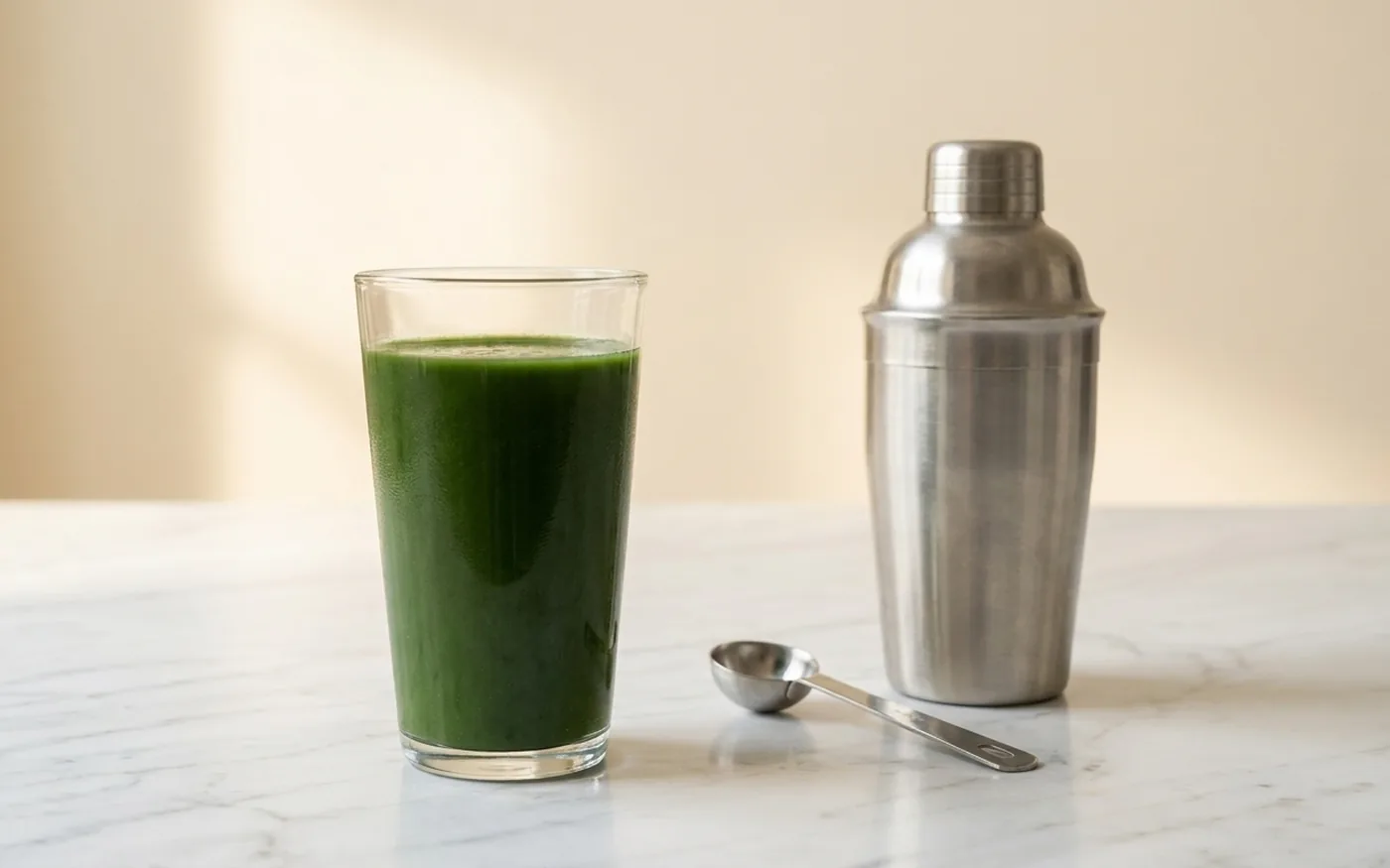 Deep green liquid in tall clear glass beside stainless steel shaker bottle on white marble - prepared greens powder drink ready to drink
