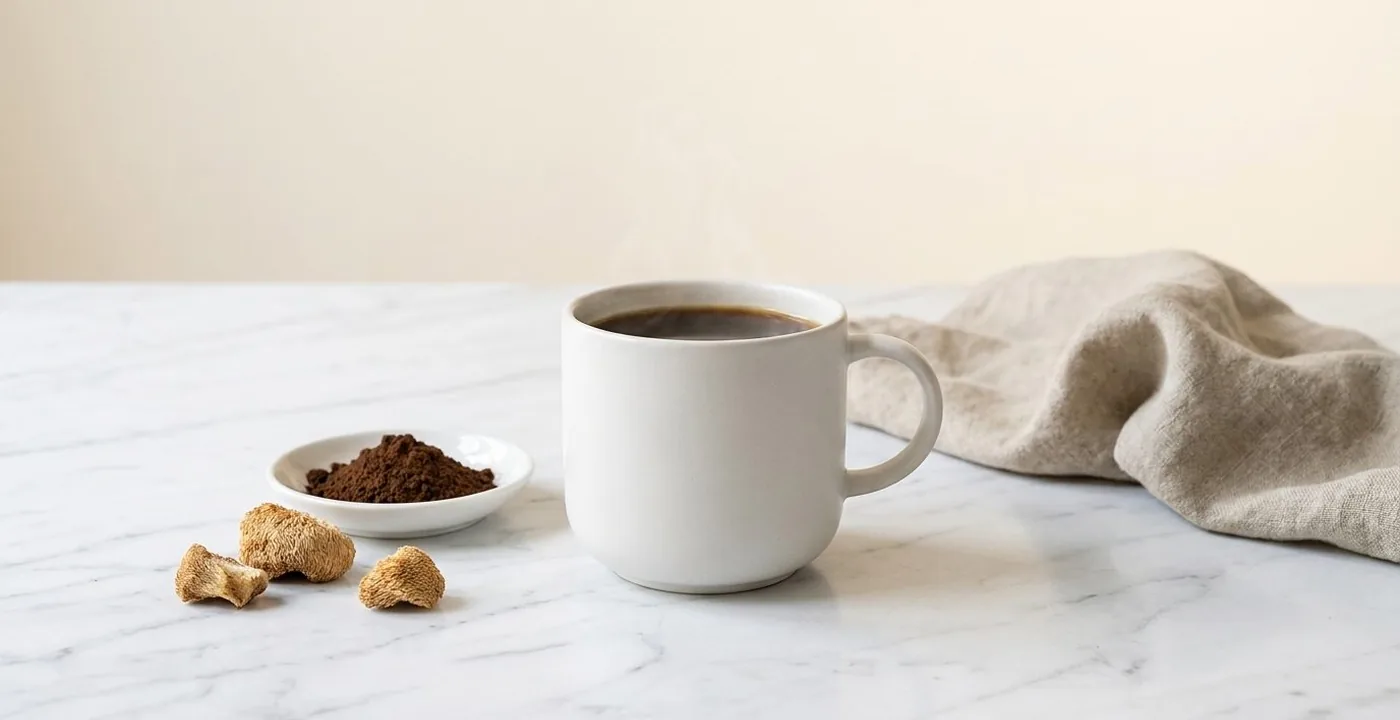 A cup of mushroom coffee with lion's mane extract beside dried functional mushrooms on a wooden surface