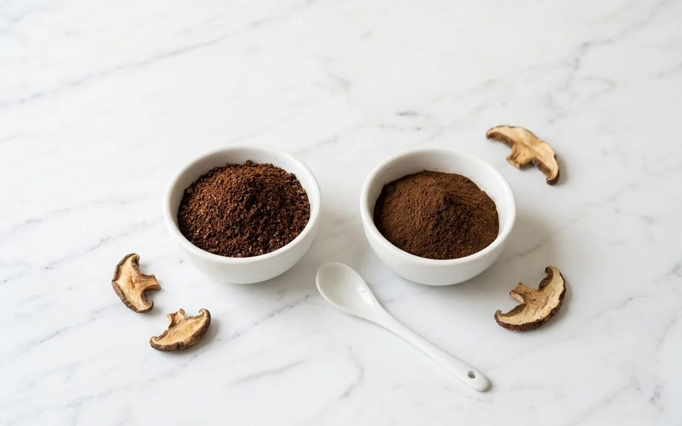 Dark roasted ground coffee and dark brown mushroom extract powder in two small white ceramic bowls on white marble - the two components of mushroom coffee