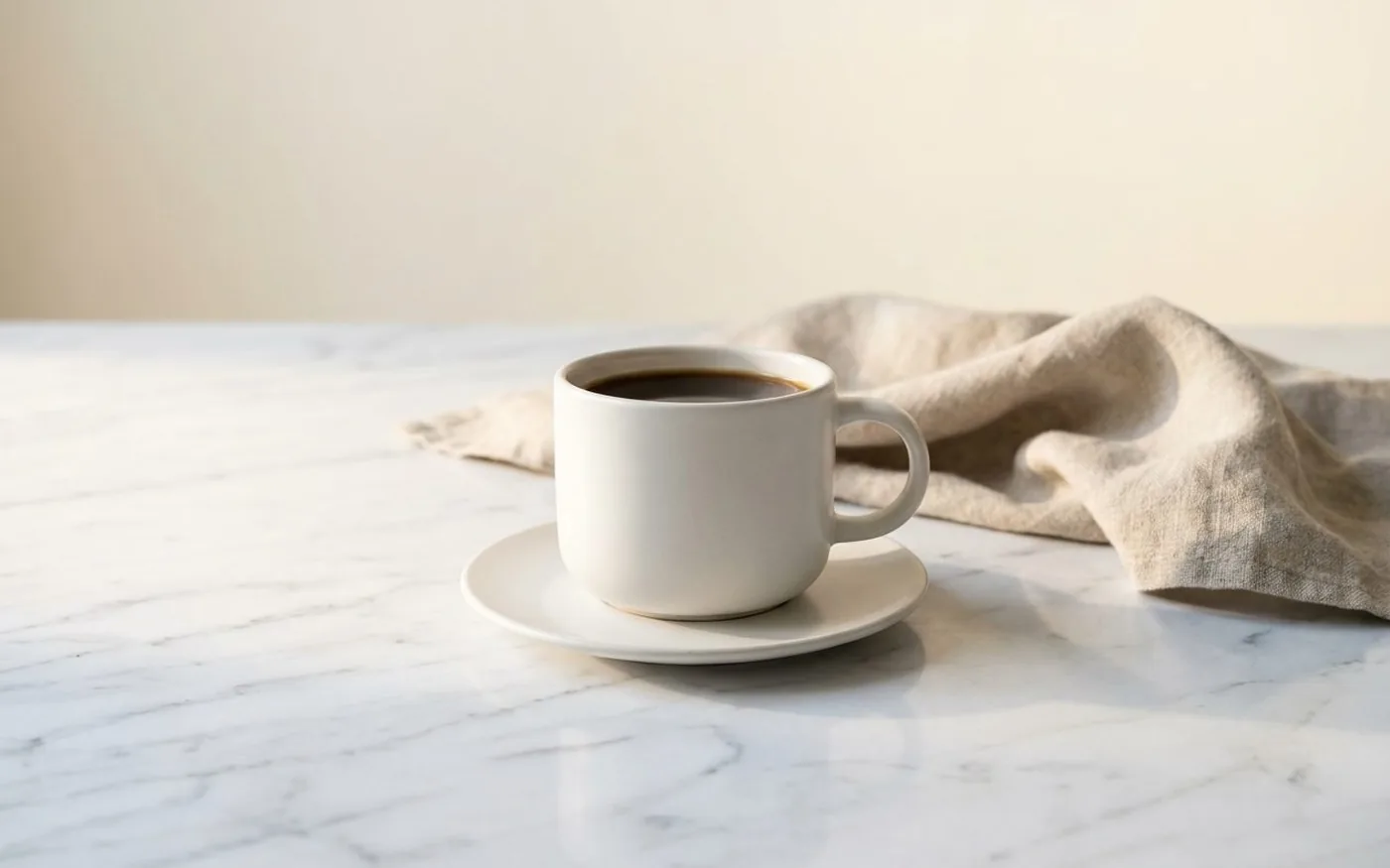 A simple white ceramic mug of dark mushroom coffee on white marble with warm morning light, representing the lower-caffeine gentler energy of mushroom coffee
