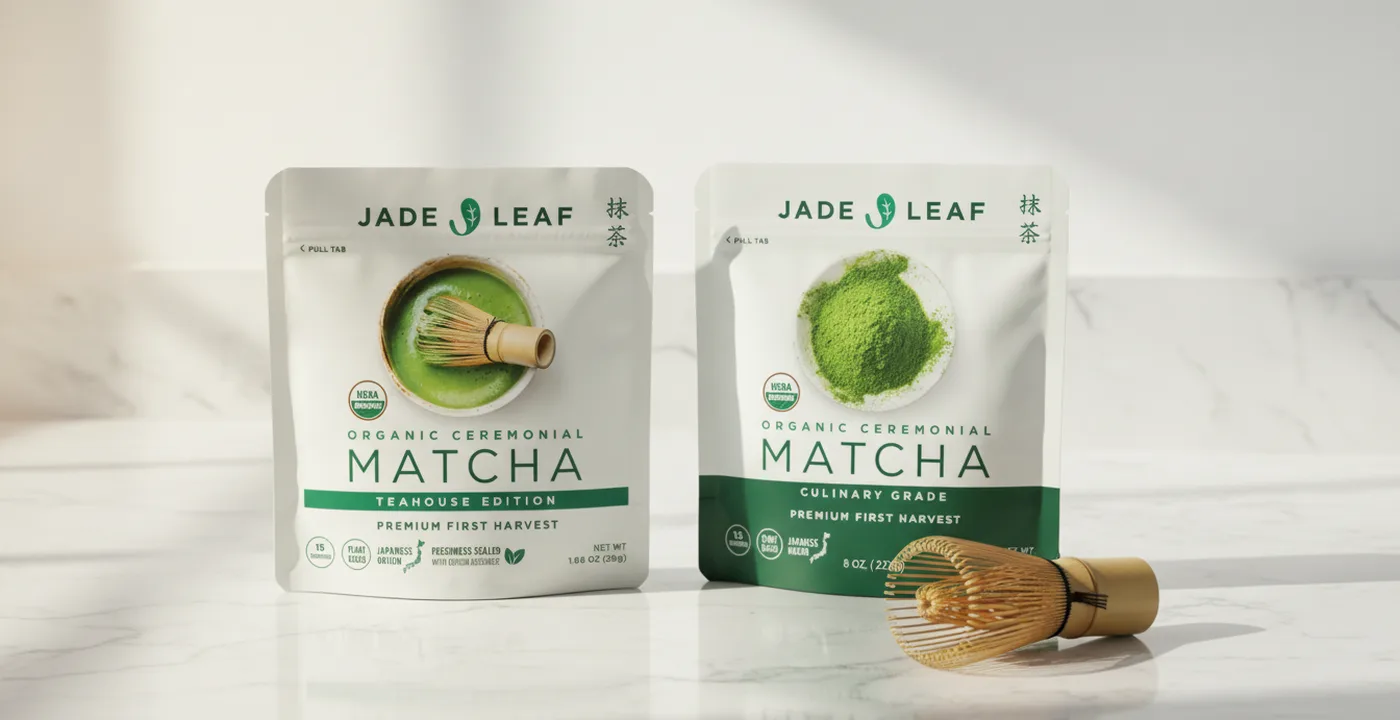 Jade Leaf matcha powder in a ceremonial bowl with bamboo whisk on a marble surface