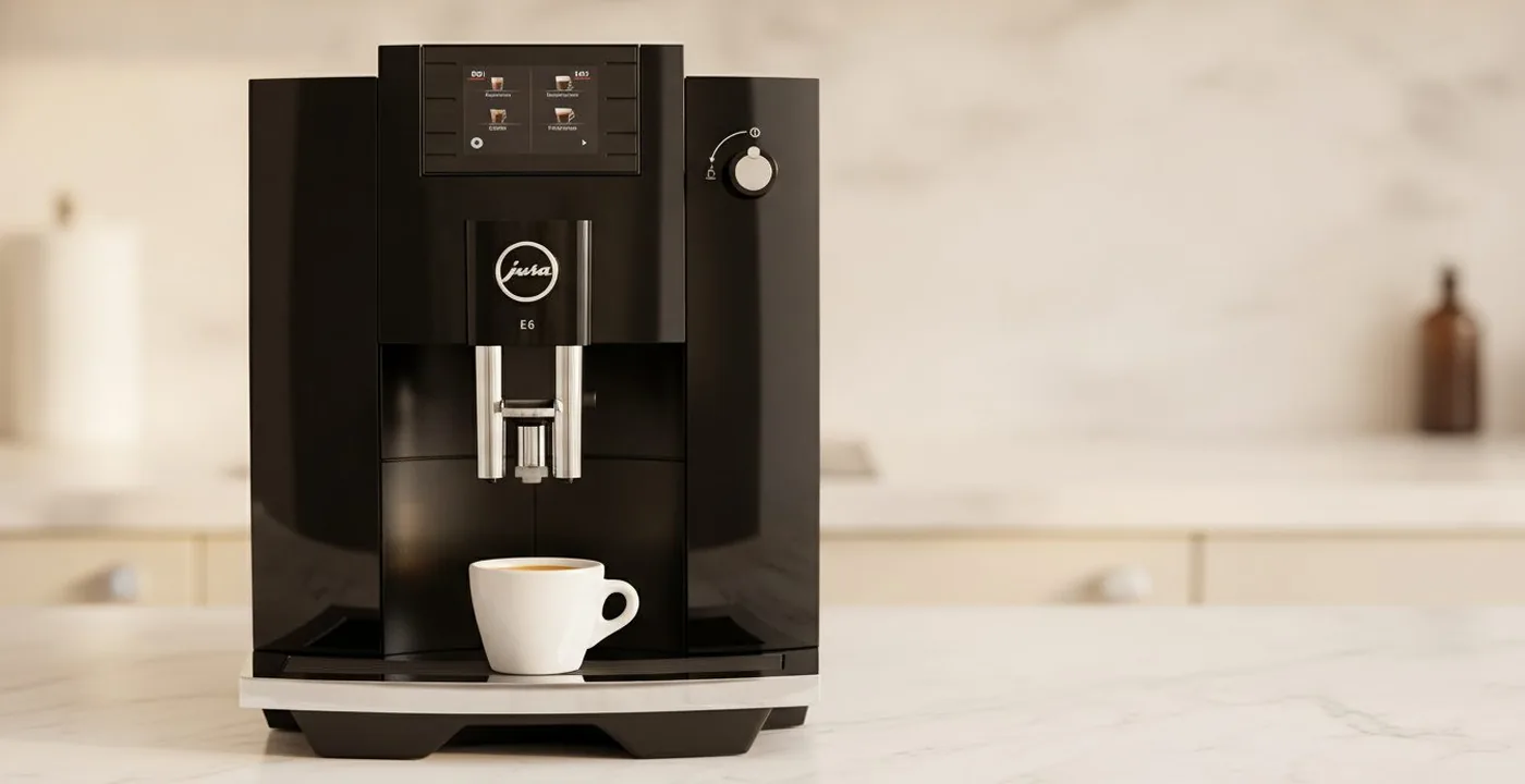 Jura E6 bean-to-cup coffee machine on a kitchen counter