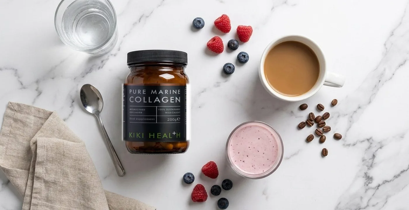 KiKi Health Pure Marine Collagen Powder 200g in amber glass jar against clean white background