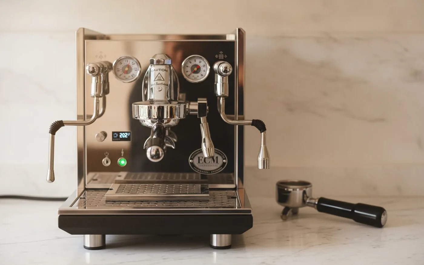 ECM Synchronika dual-boiler E61 espresso machine in stainless steel on white marble