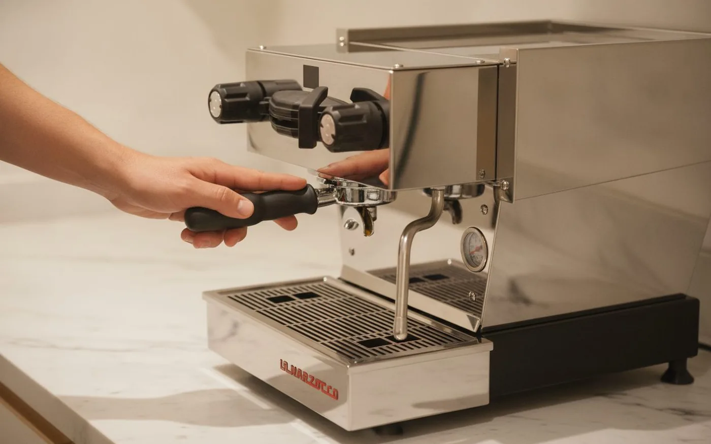 Hand operating the La Marzocco Linea Mini front-left brew paddle mid-extraction for manual pre-infusion