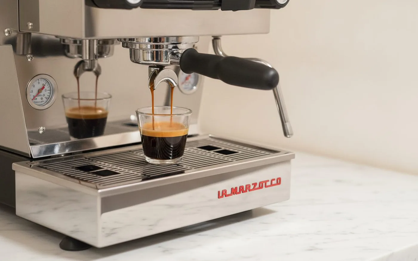 Close-up of the La Marzocco Linea Mini saturated group head with portafilter locked in as espresso extracts