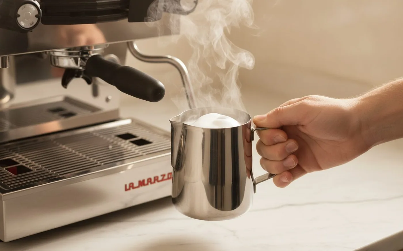 La Marzocco Linea Mini steam wand texturing milk in a stainless pitcher with glossy microfoam forming