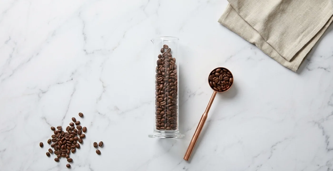 Coffee beans in a glass measuring flask with copper scoop on white marble - lab tested coffee quality analysis