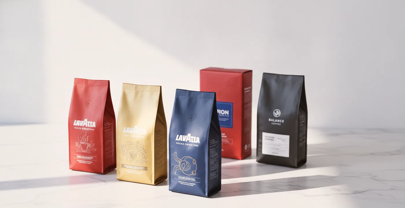 Lavazza coffee bags on a kitchen counter with espresso cup