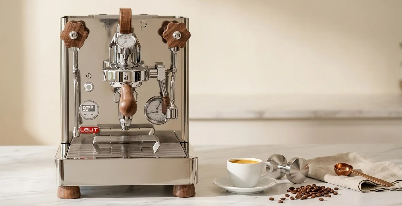 Lelit Bianca V3 dual boiler espresso machine with walnut accents on kitchen counter