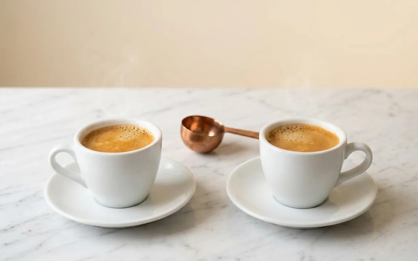 Two espresso cups representing dual boiler simultaneous brew and steam capability