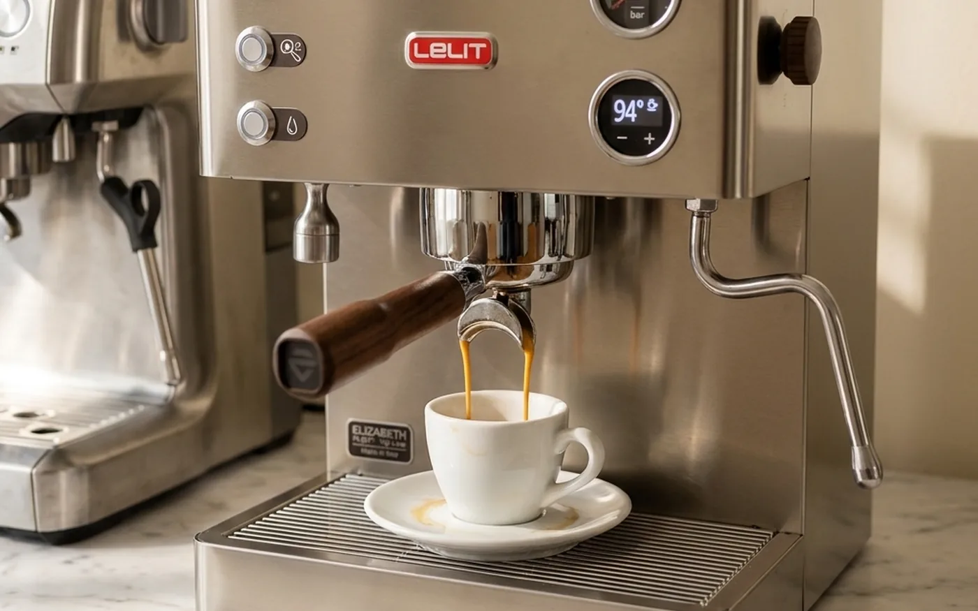 Lelit Elizabeth PL92T espresso pulling through the portafilter into a white cup