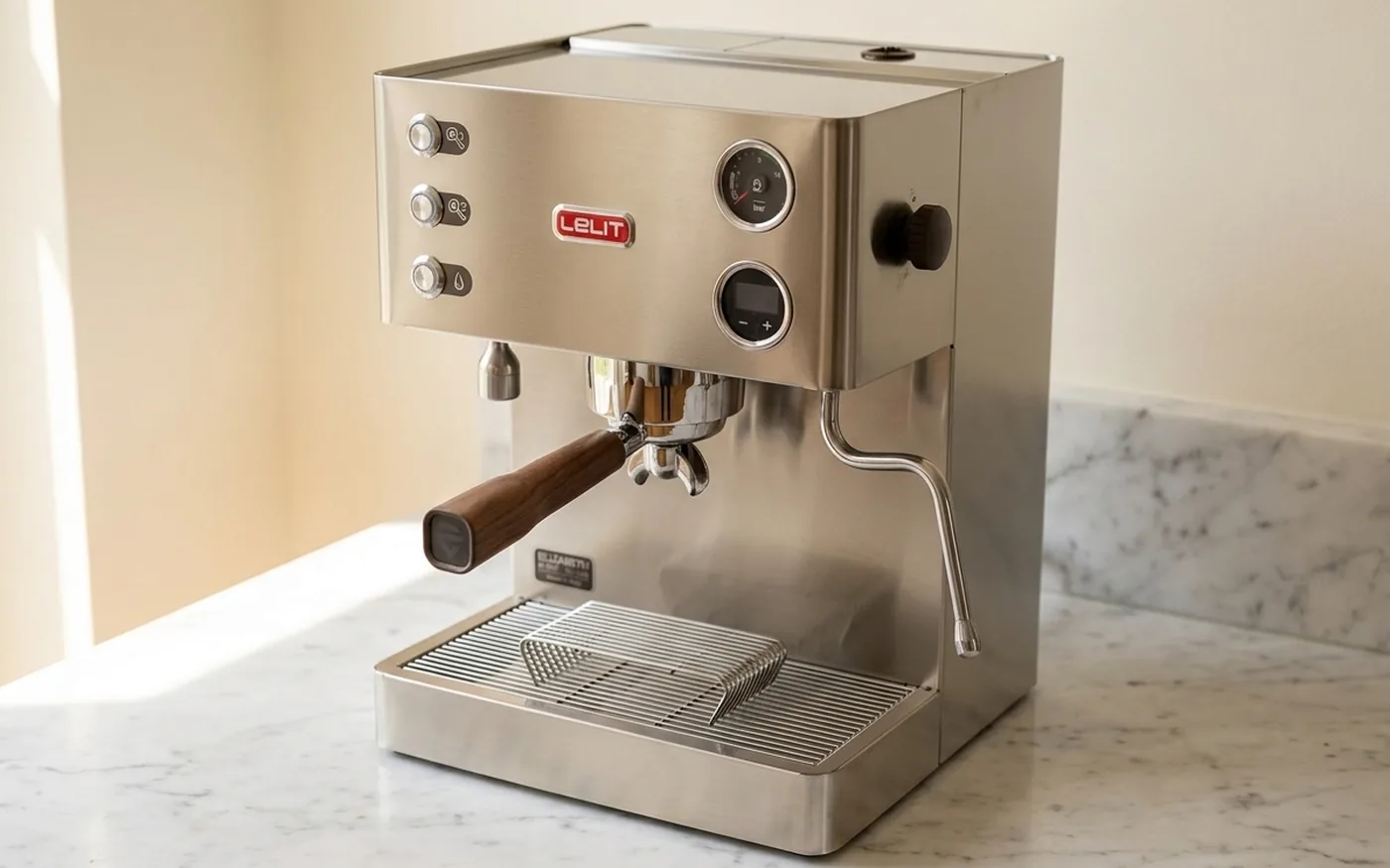 Lelit Elizabeth PL92T three-quarter angle showing compact stainless steel build