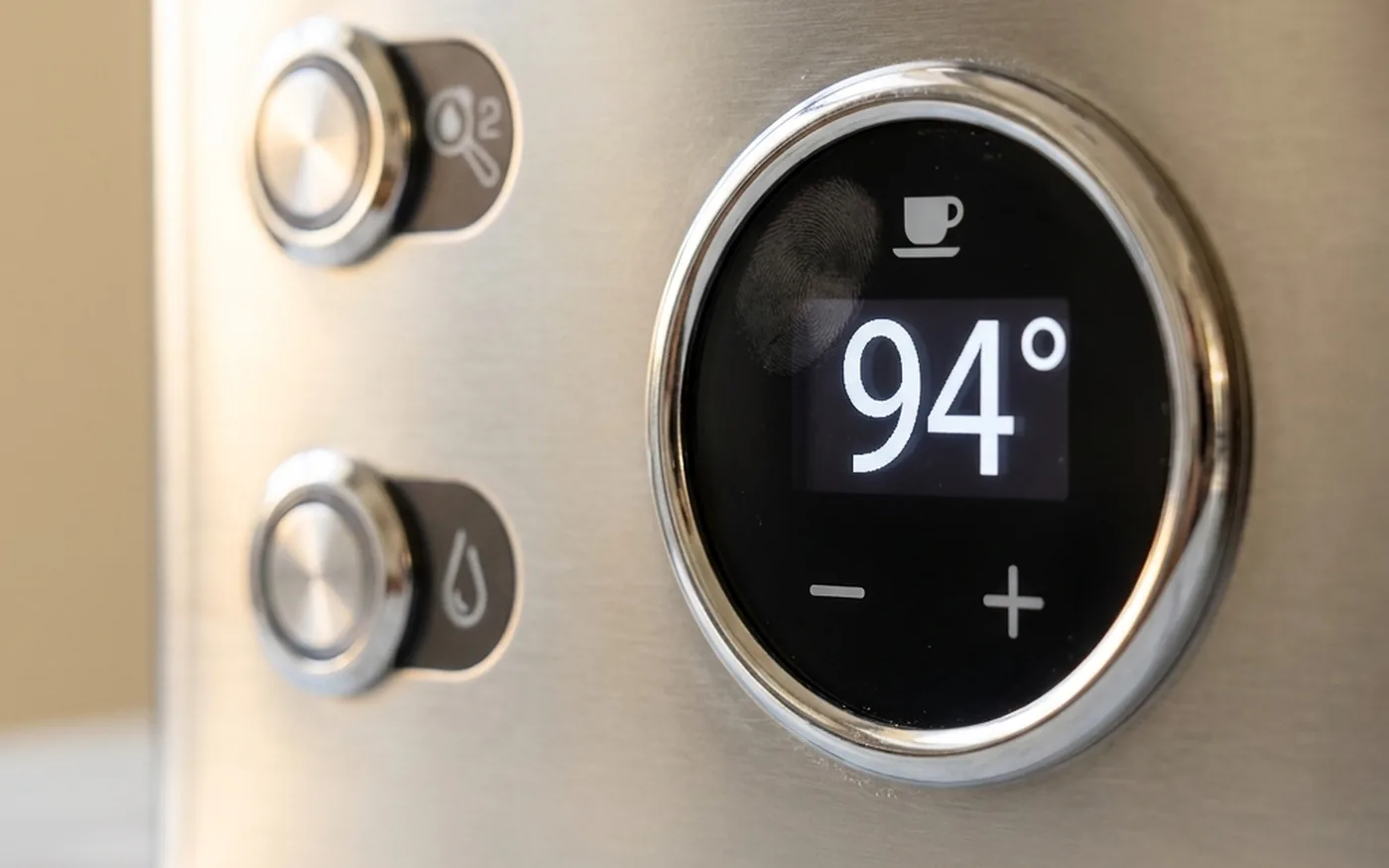 Lelit Elizabeth PL92T circular PID temperature display showing 94 degrees on the machine fascia
