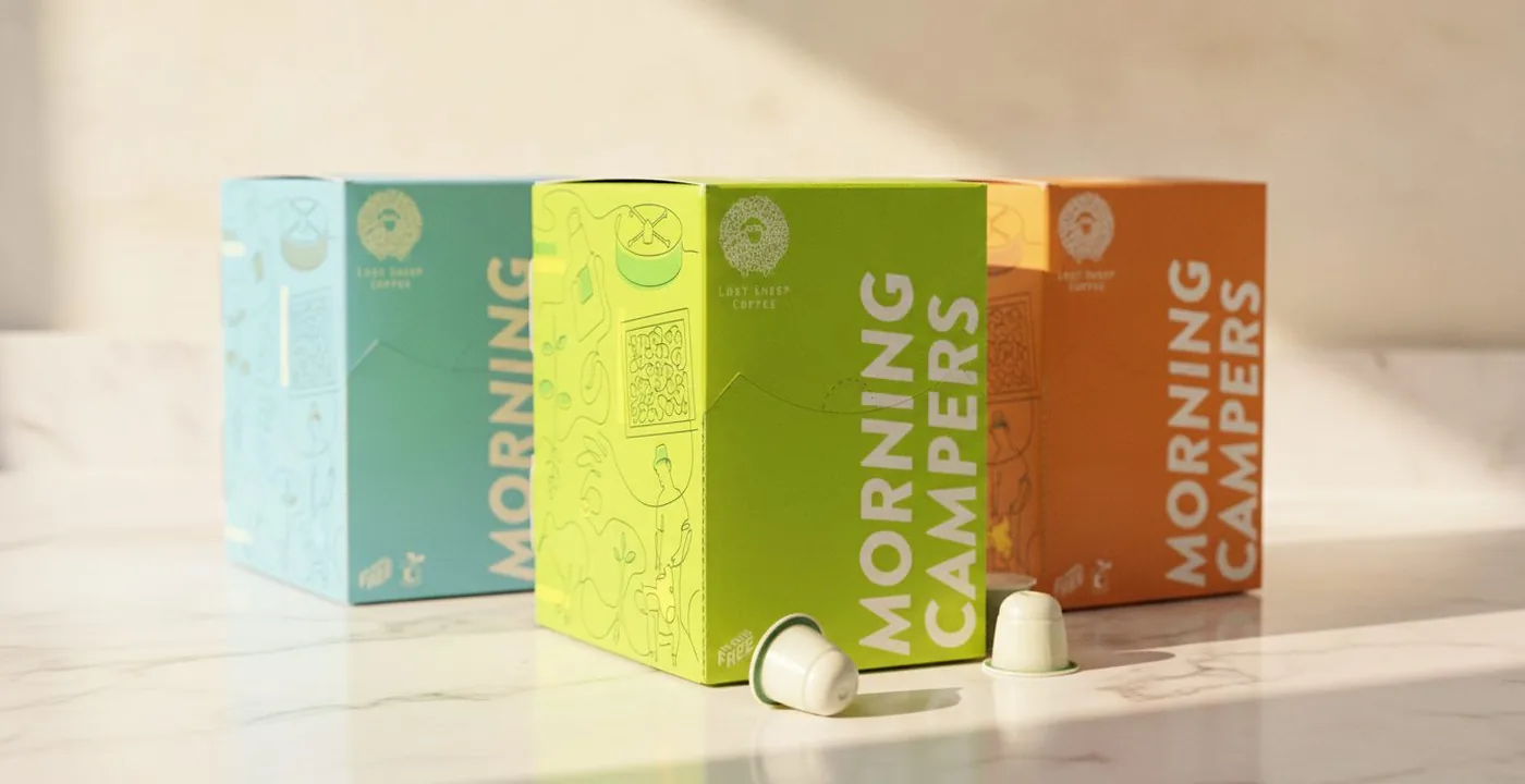 Lost Sheep Coffee pods arranged on a wooden surface with a Nespresso machine in the background