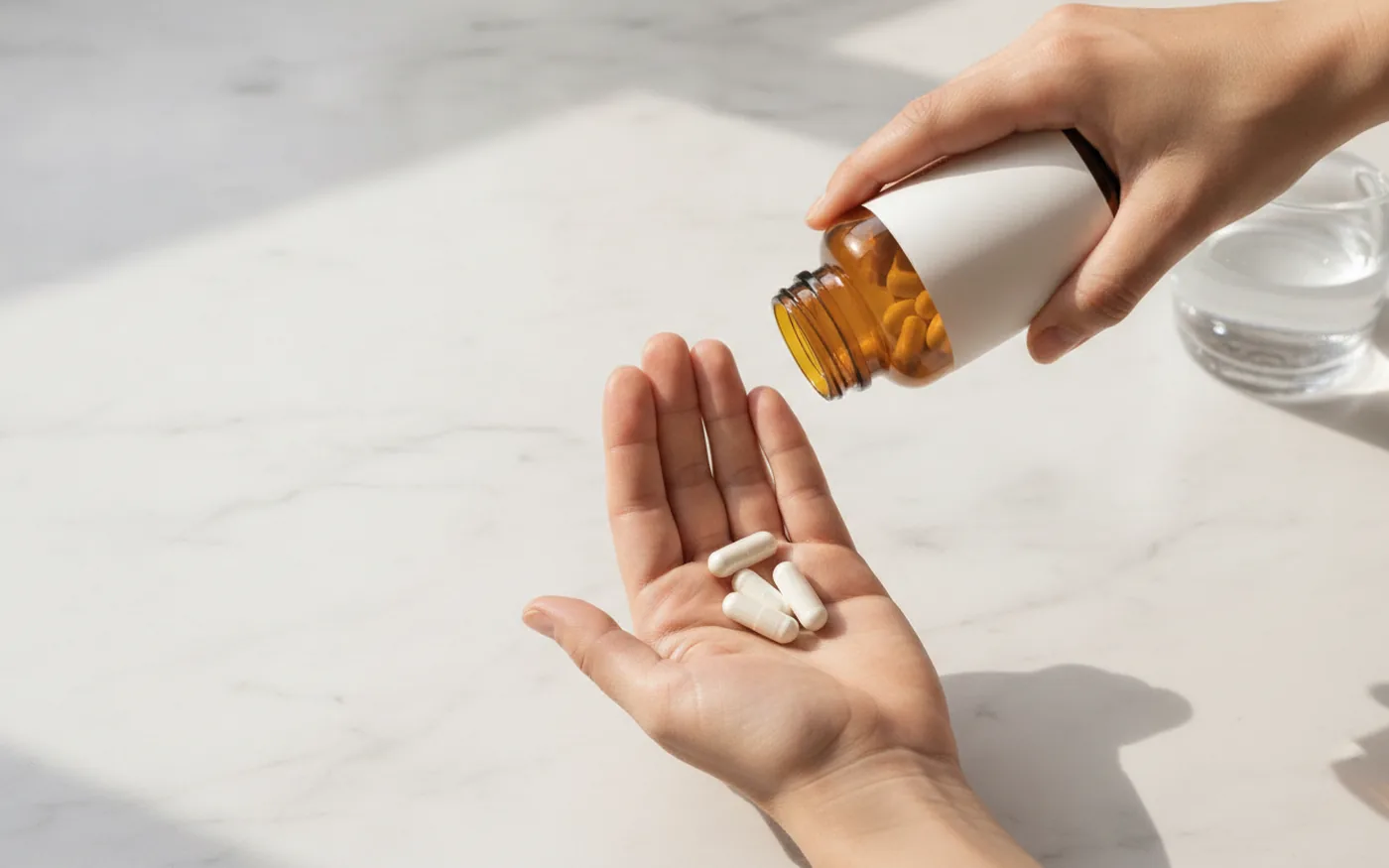 Hand tipping magnesium capsules from an amber glass supplement bottle into an open palm, with a glass of water in the background