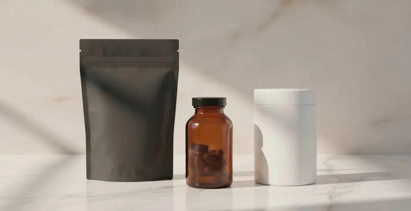 Magnesium supplement capsules and powder on a clinical white surface