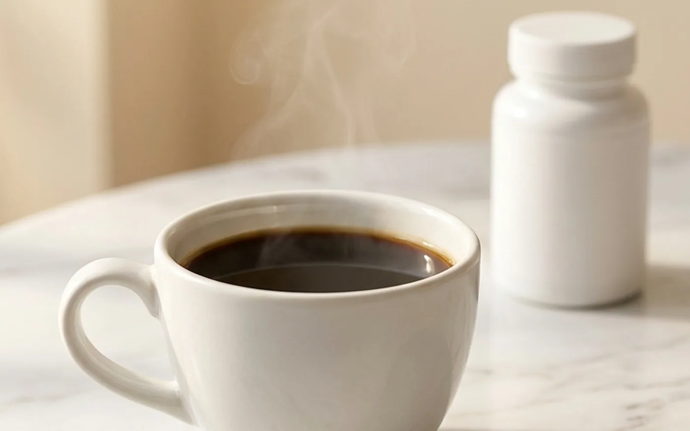 White ceramic coffee cup alongside a supplement jar on white marble in soft morning light