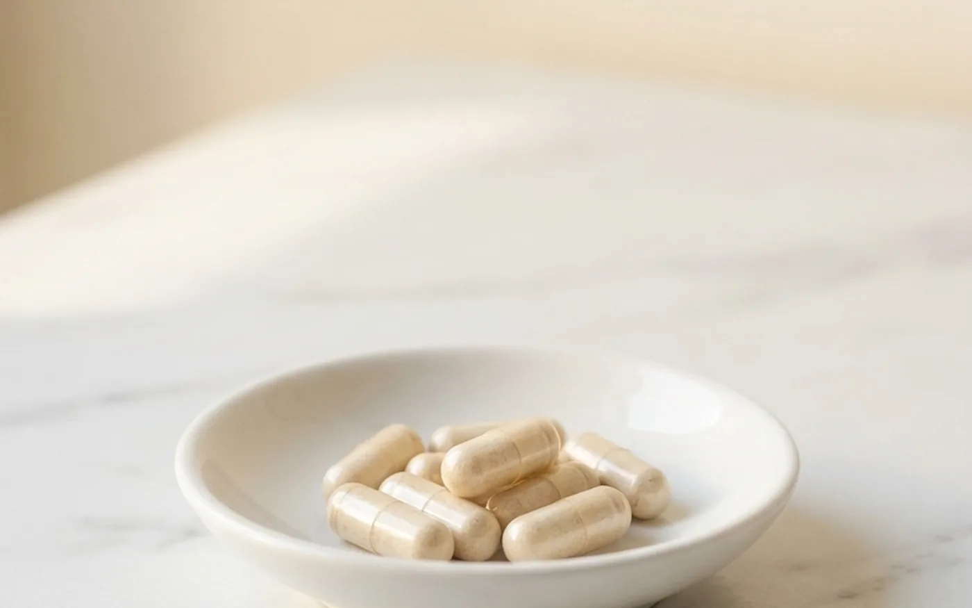 Pale beige supplement capsules arranged in a small ceramic dish on white marble with soft natural light