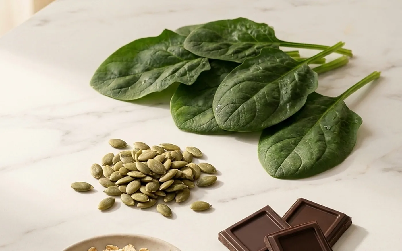 Magnesium-rich foods including pumpkin seeds, dark leafy greens, dark chocolate, and whole grains arranged on white marble
