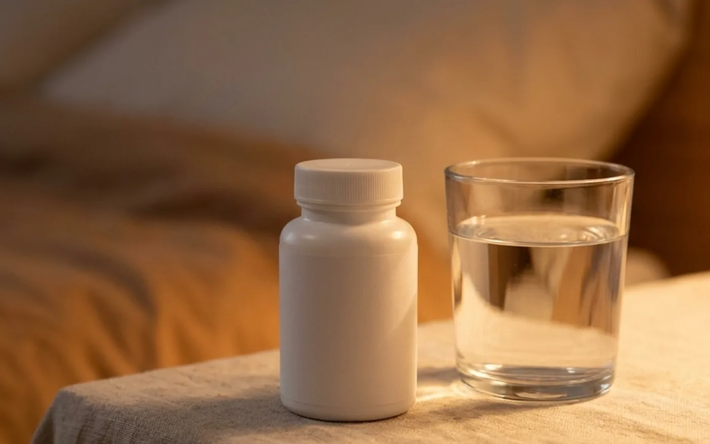 Supplement bottle and glass of water on bedside table in warm evening light suggesting a bedtime wellness routine