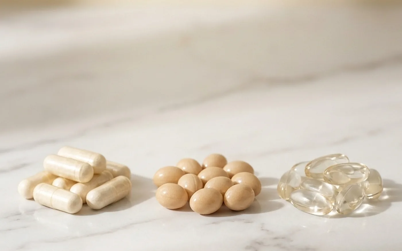 Three groups of supplement capsules in different tones on white marble representing different magnesium supplement forms