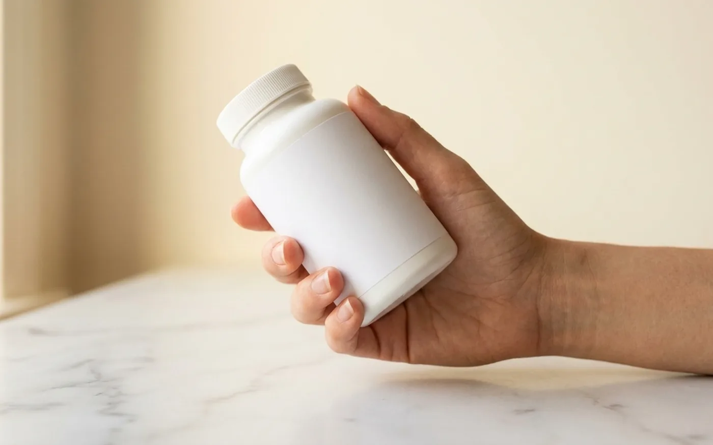 Hand holding a plain supplement bottle at an angle as if reading the label on white marble countertop