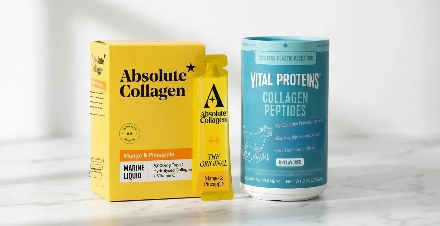 Marine collagen powder and bovine collagen powder side by side on a clean white surface