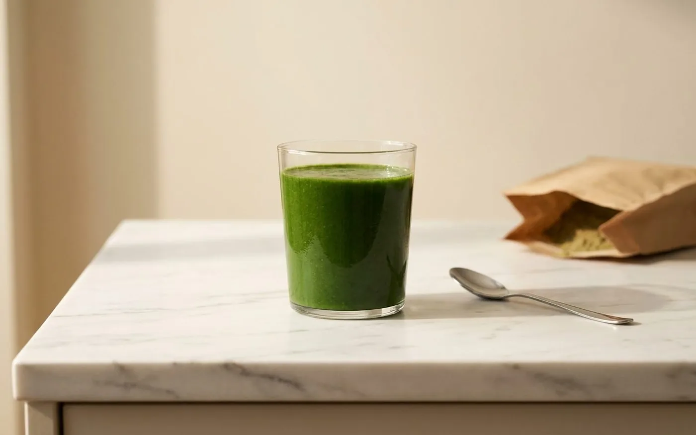 Green smoothie in a clear glass on white marble countertop, prepared with Naturya Organic Green Blend greens powder