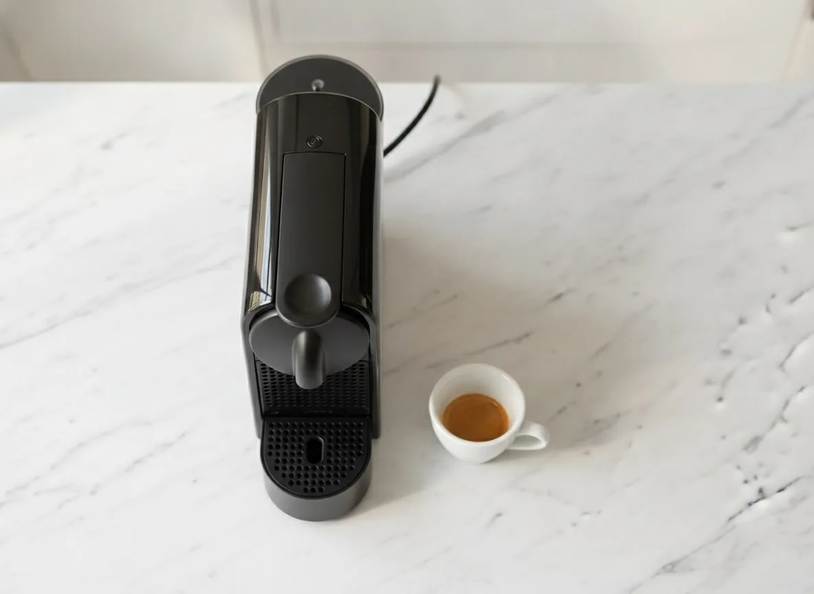 Nespresso Essenza Mini from above showing compact footprint on a white kitchen counter next to a cup of espresso