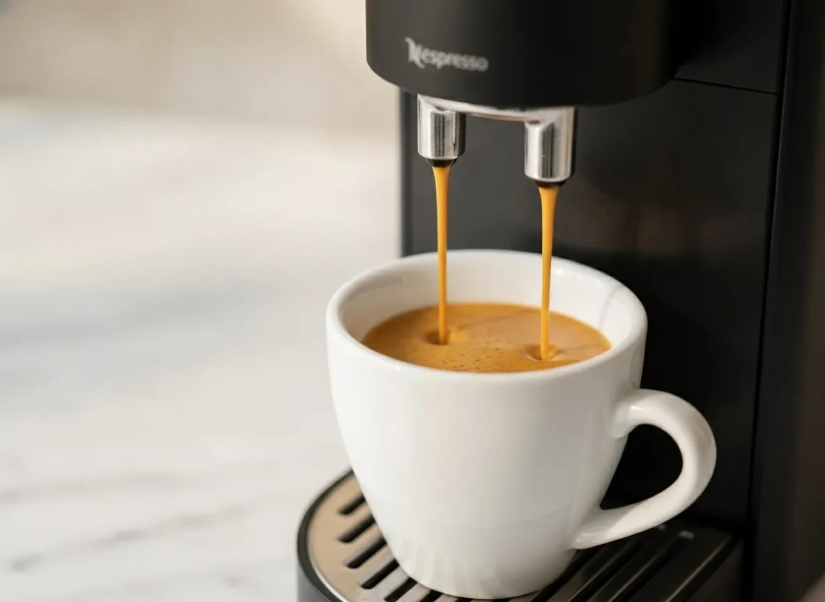Close-up of espresso extracting from Nespresso Essenza Mini into a small white ceramic cup, showing dense crema layer
