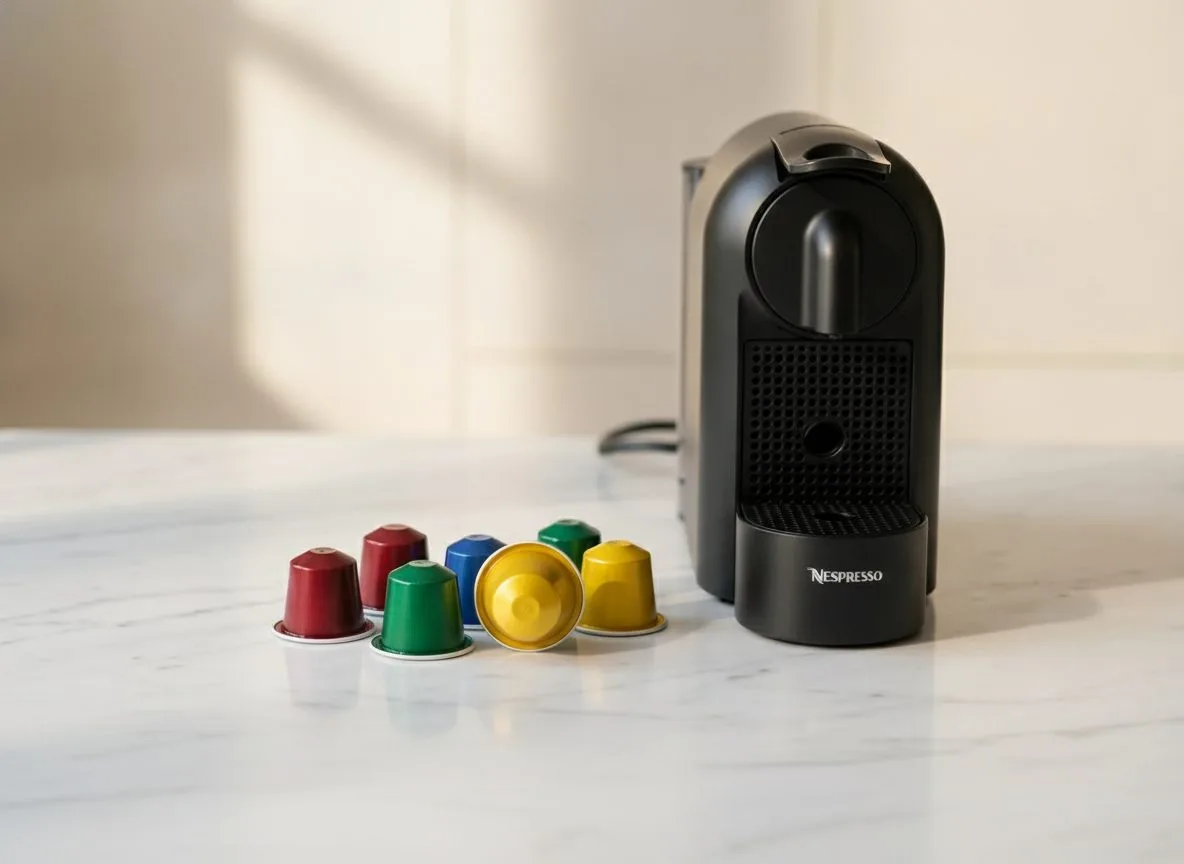 Selection of Original-Line Nespresso capsules and Balance Coffee pods arranged next to the Essenza Mini machine