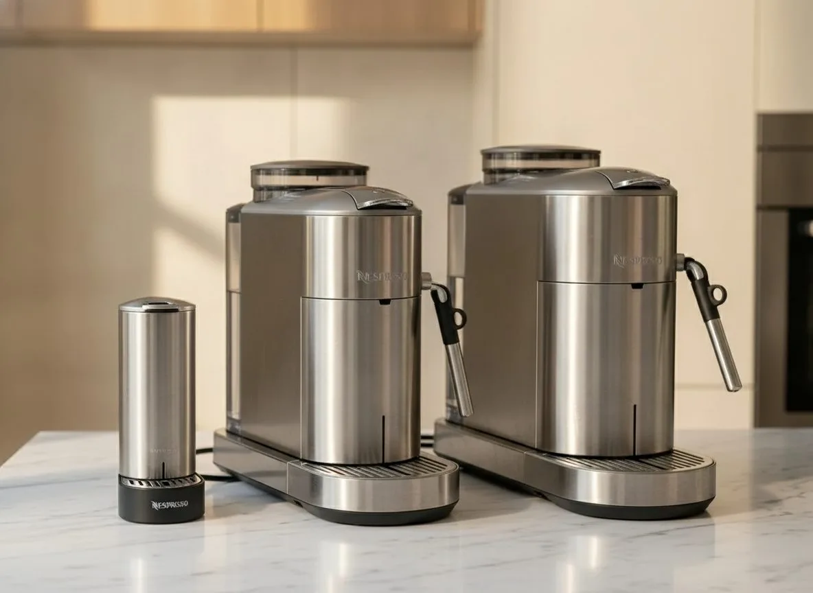 Nespresso Essenza Mini, Pixie and CitiZ side by side showing size difference on a kitchen counter